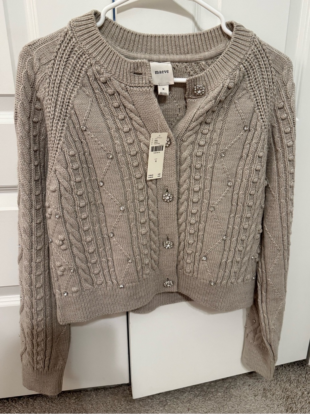 Maeve Taupe Beaded Cable-Knit Cardigan
